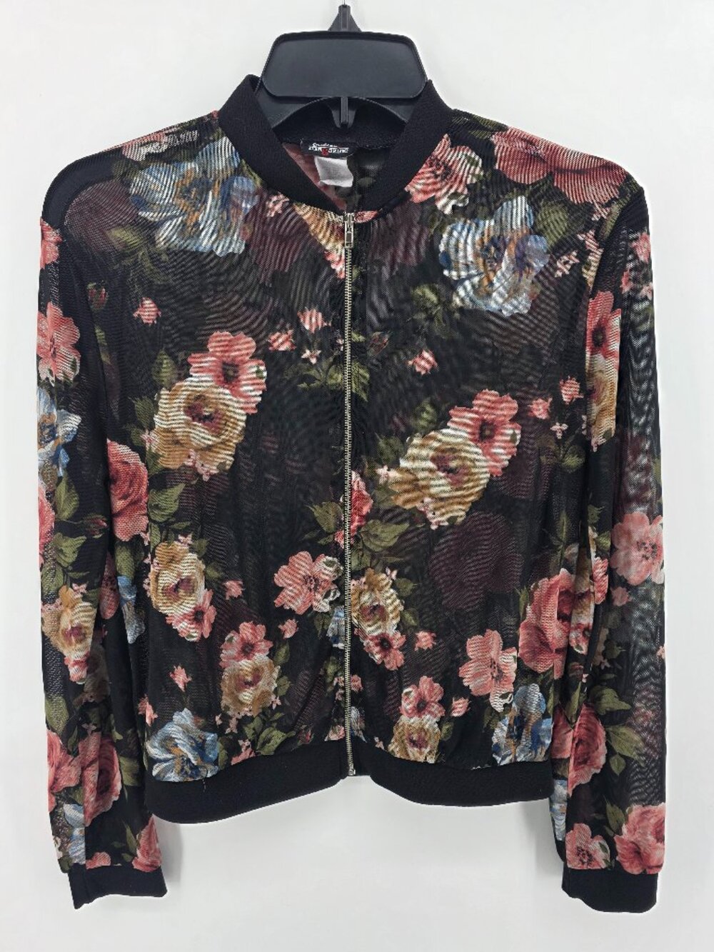 Black Floral Mesh Bomber Jacket Size S Sheer Vintage Floral‎